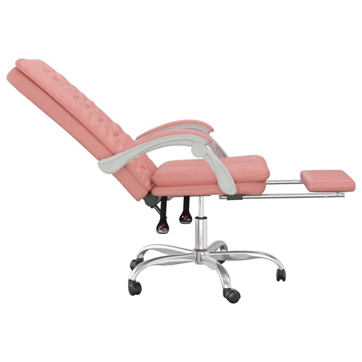 Rosa Relaxsessel mit ausgefahrener Fußstütze. Silbernes Gestell und Armlehnen.