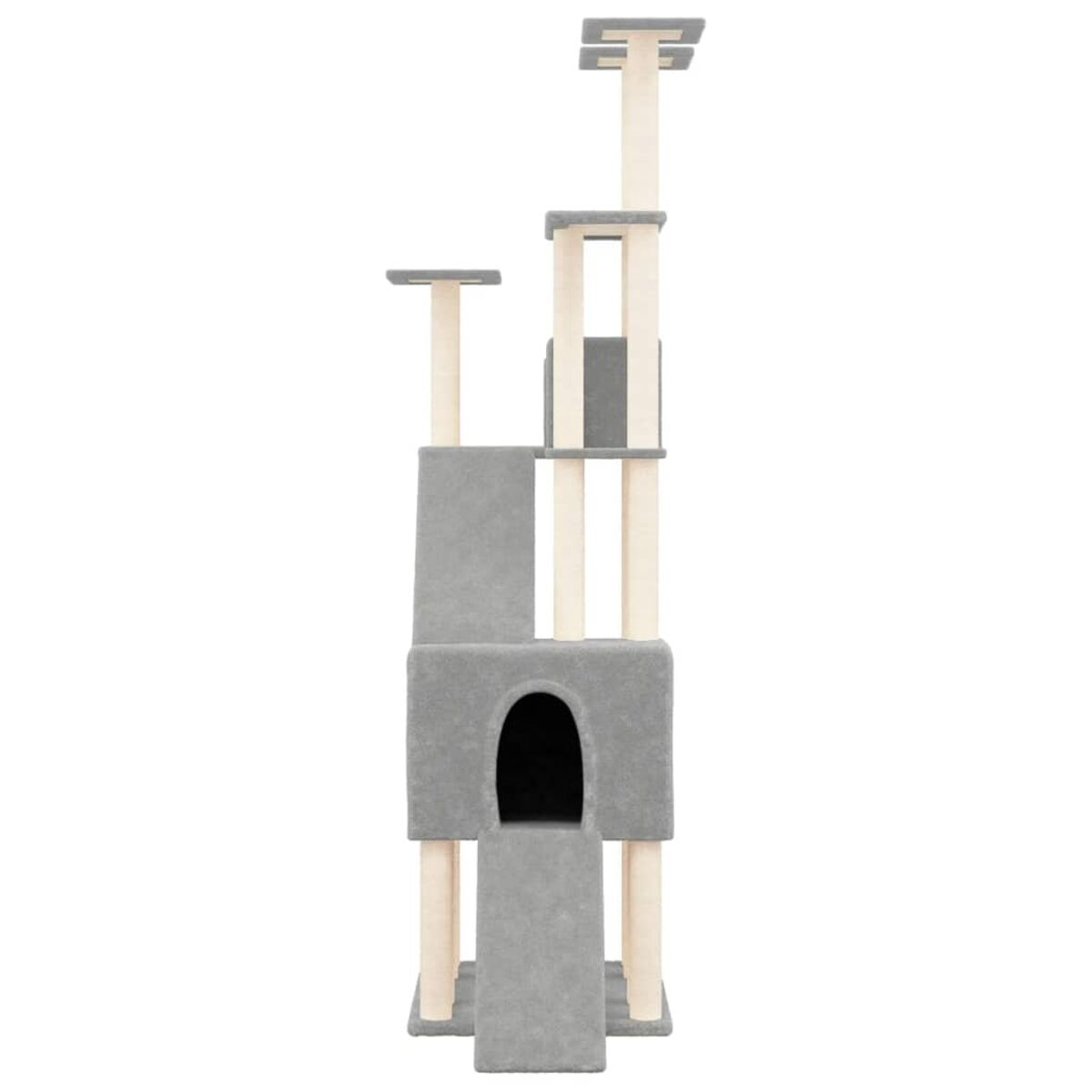 Grauer Katzenbaum mit mehreren Ebenen, Plattformen und Höhle. Beige Pfosten.