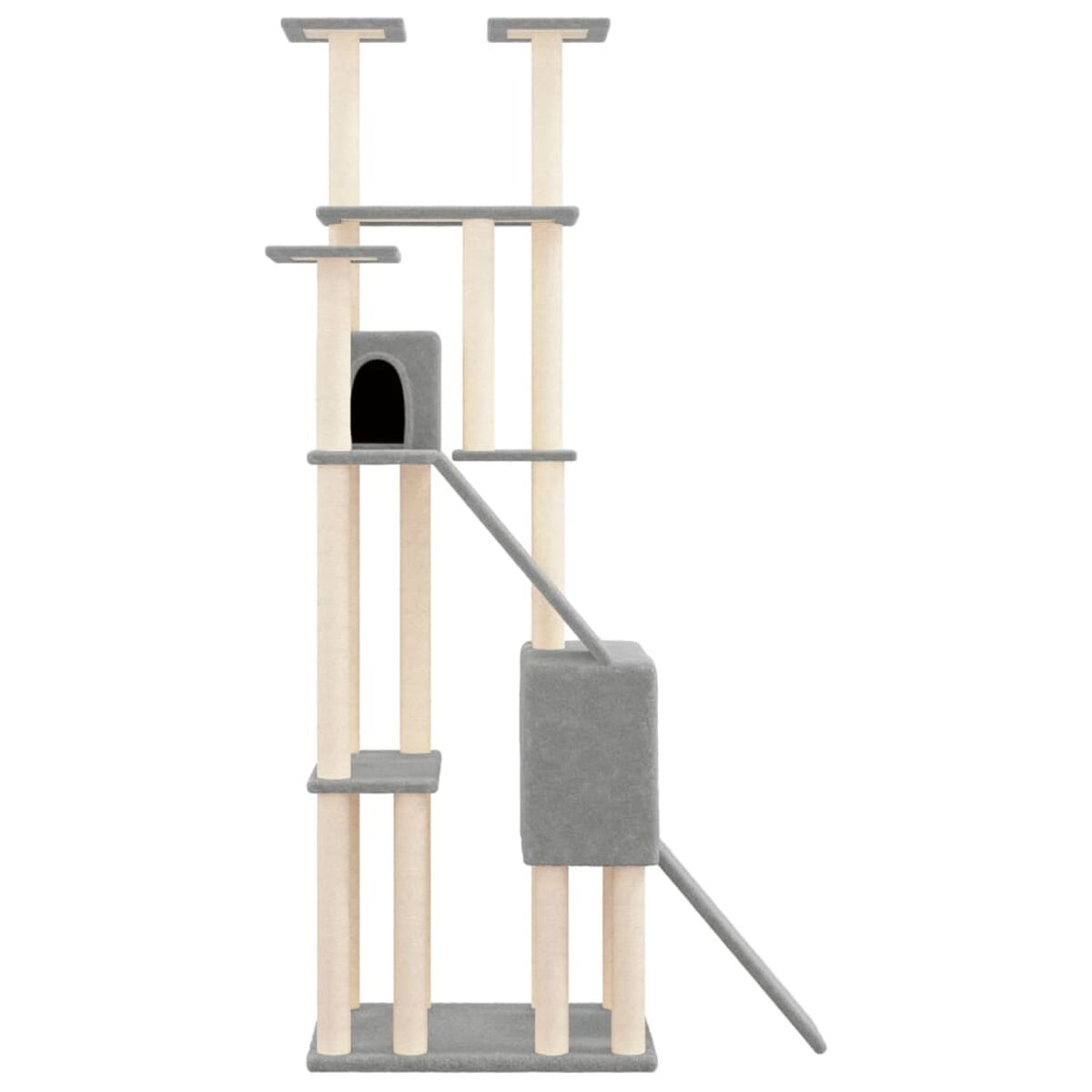 Kratzbaum in beige. Es hat mehrere Plattformen, eine Höhle und eine Rampe.