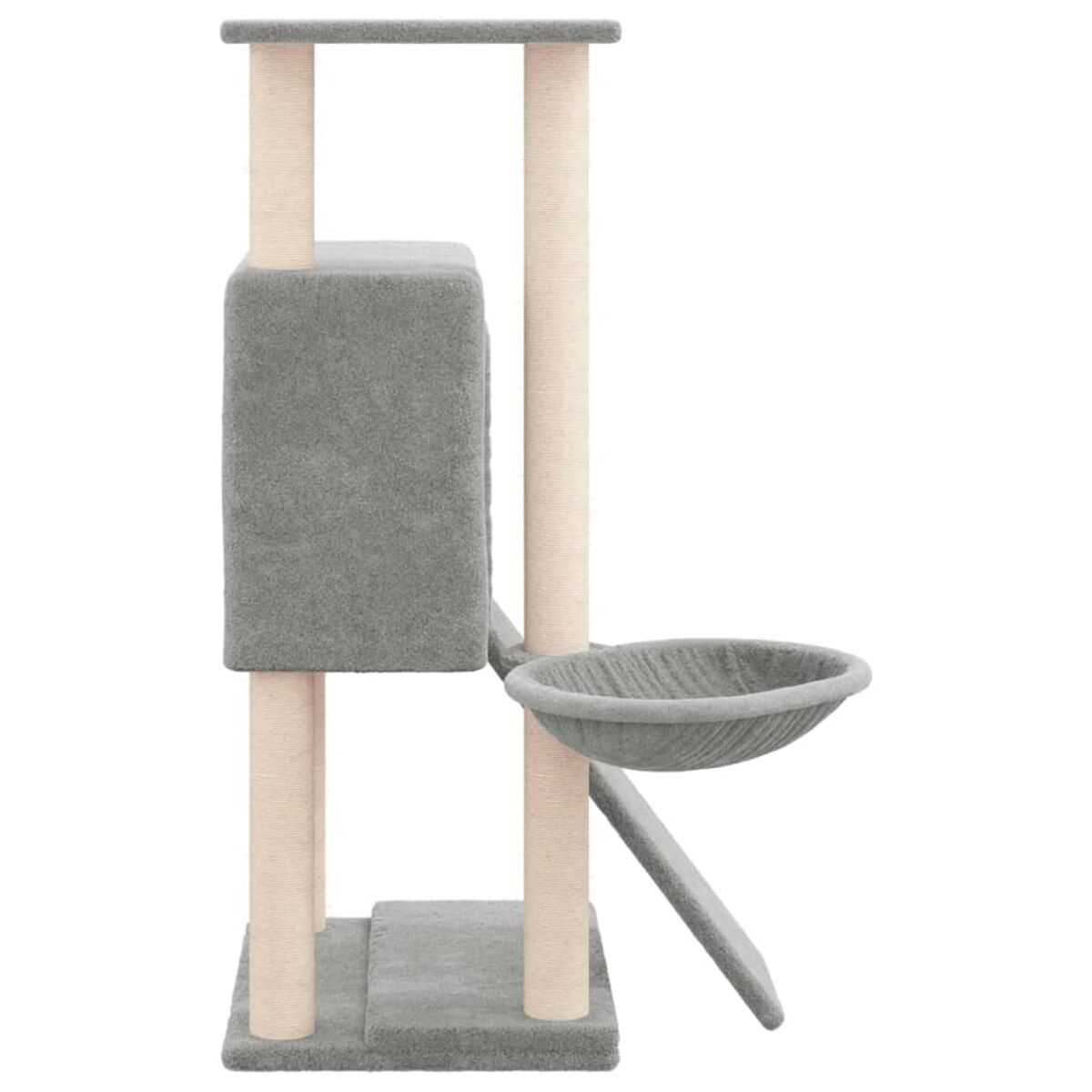 Grauer Katzenbaum mit Plattformen und einer Hängematte. Beige Pfosten. Weißer Hintergrund.