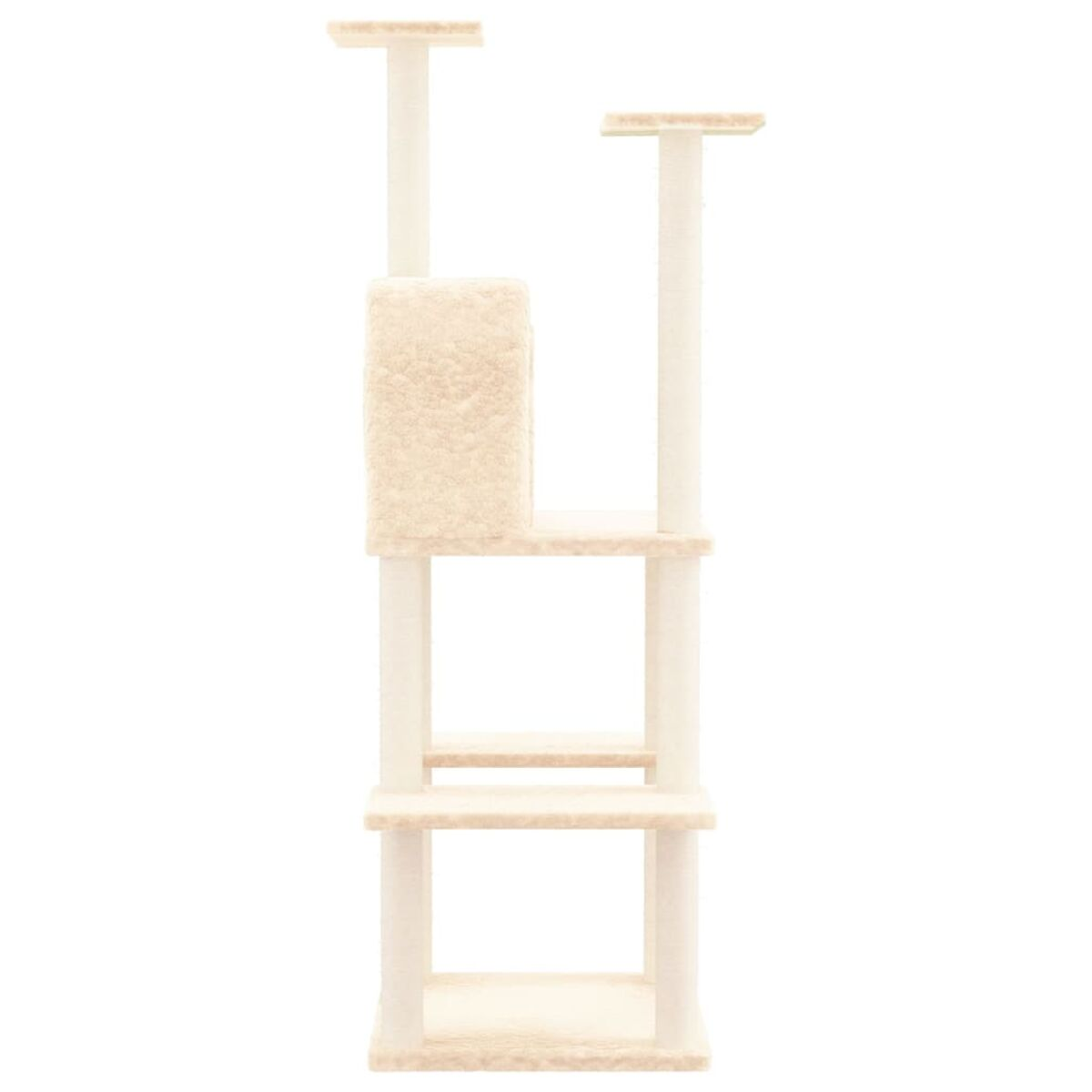 Katzenbaum mit beigen Pfosten, Plattformen und einem quadratischen Bett. Weißer Hintergrund.