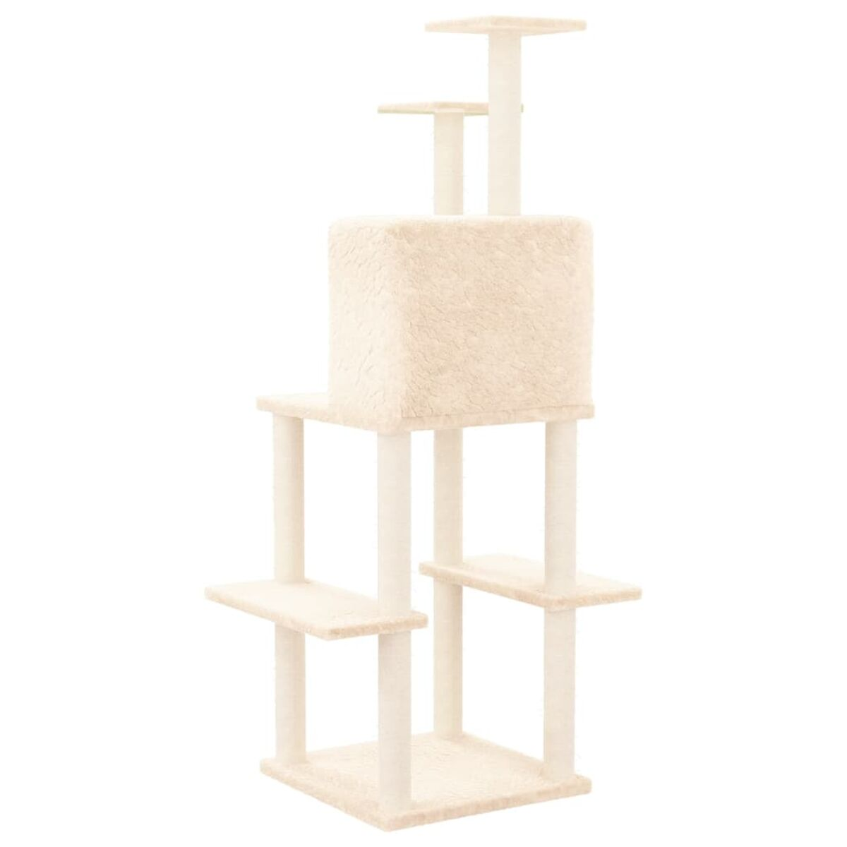 Ein mehrstöckiger Kratzbaum mit mehreren Plattformen und Kratzpfosten, alles beige.