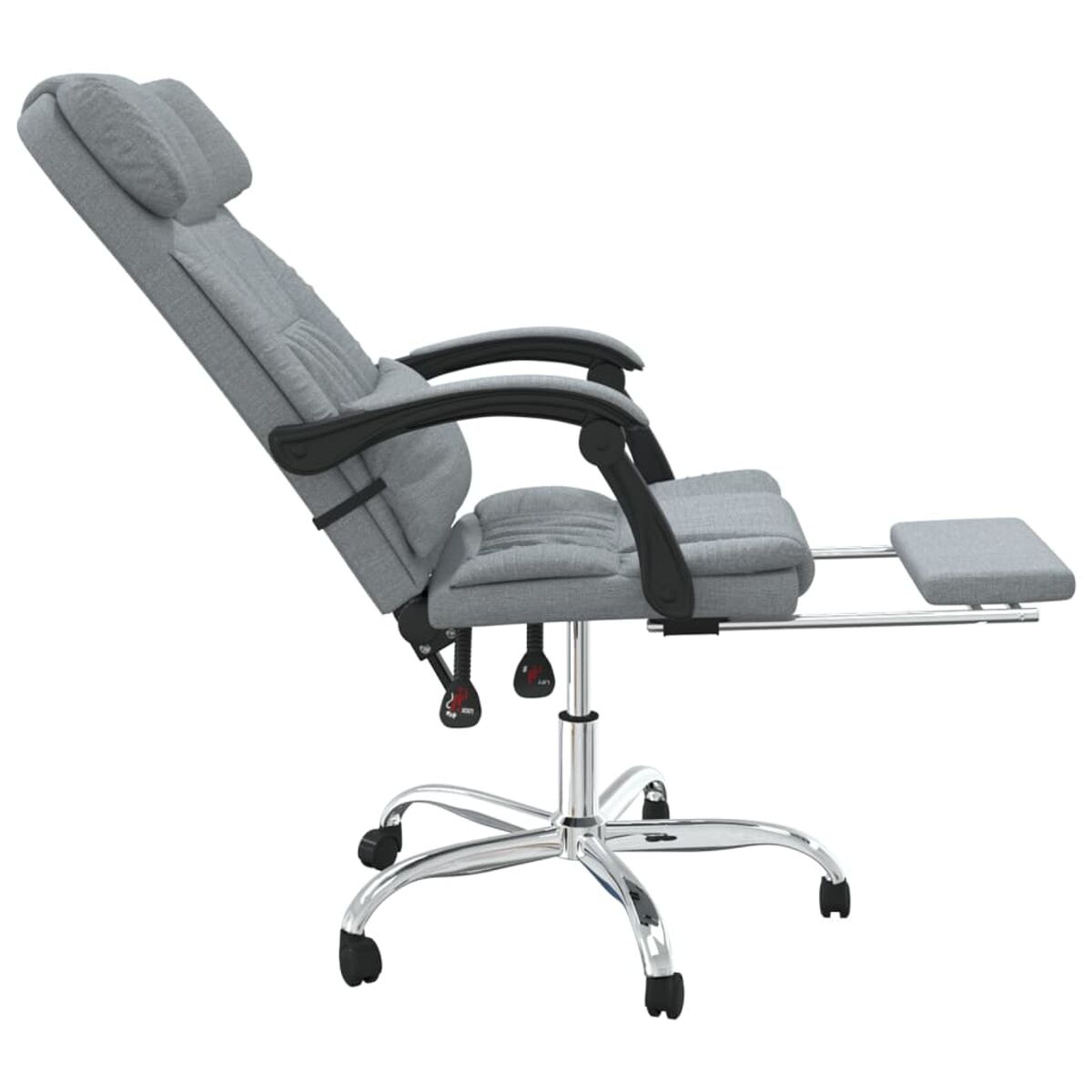 Grauer Bürostuhl, Liegeposition mit Beinauflage. Chromfuß und schwarze Armlehnen.
