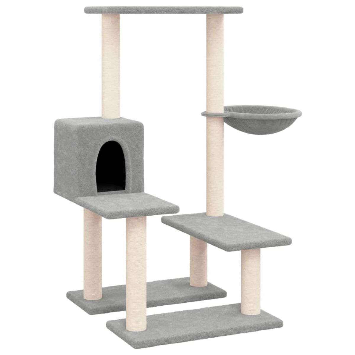 Grauer Katzenbaum mit mehreren Plattformen, einem Haus und einer Schale auf weißem Grund.