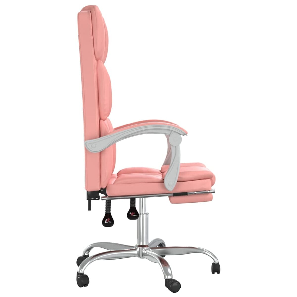 Rosa Bürostuhl, Seitenansicht, mit hohem Rücken, Armlehnen und einem Chromgestell mit Rollen.