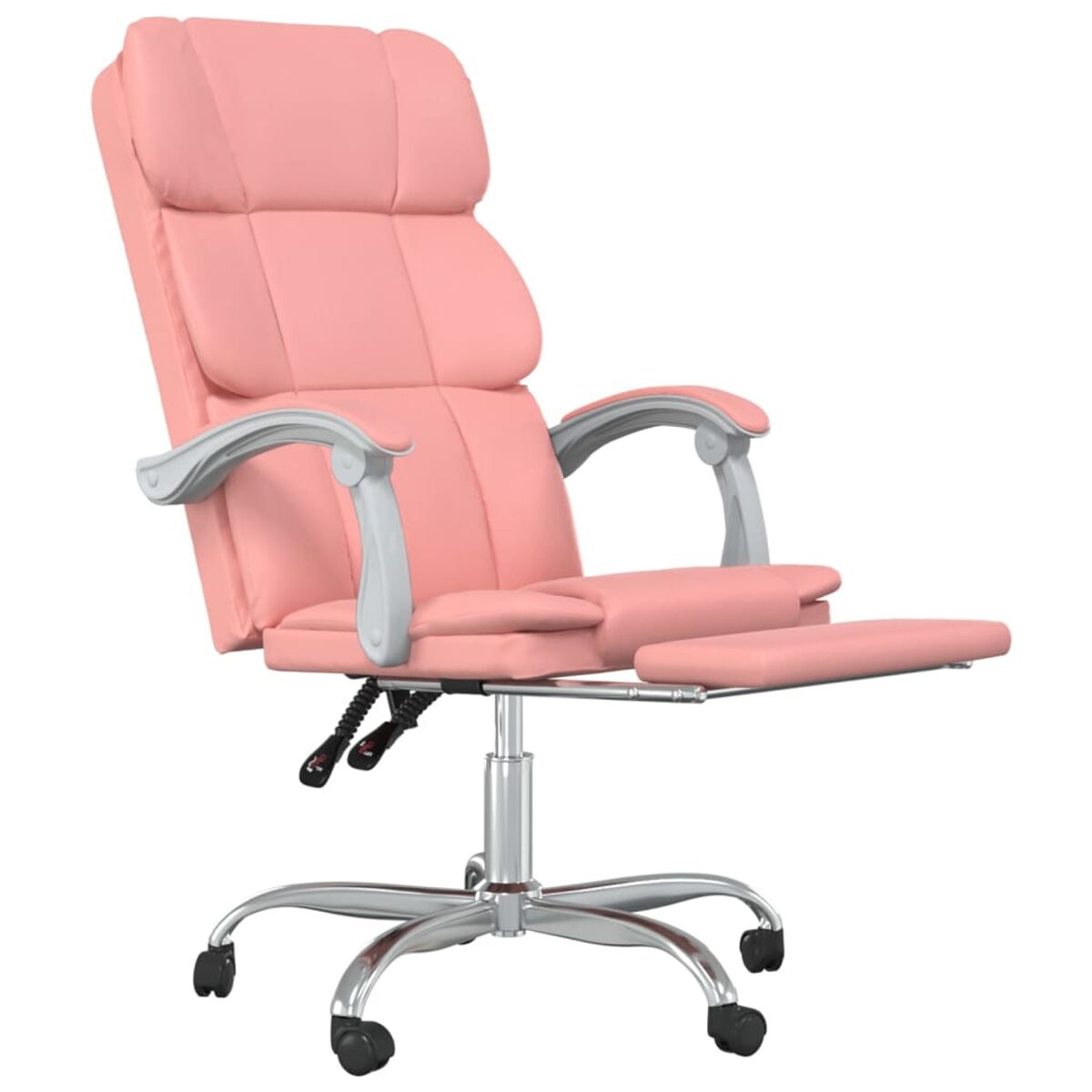 Rosa Leder-Bürostuhl mit Fußstütze und silbernem Gestell.