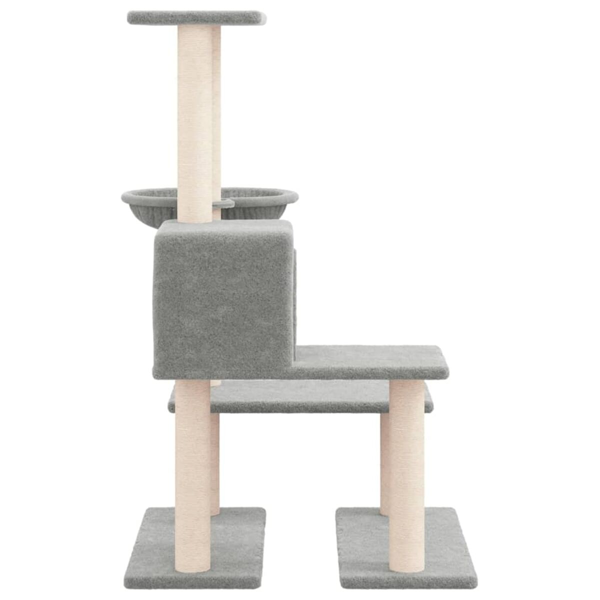 Ein mehrstöckiger Katzenbaum mit einer Box, Plattformen und Kratzbäumen, weißer Hintergrund.