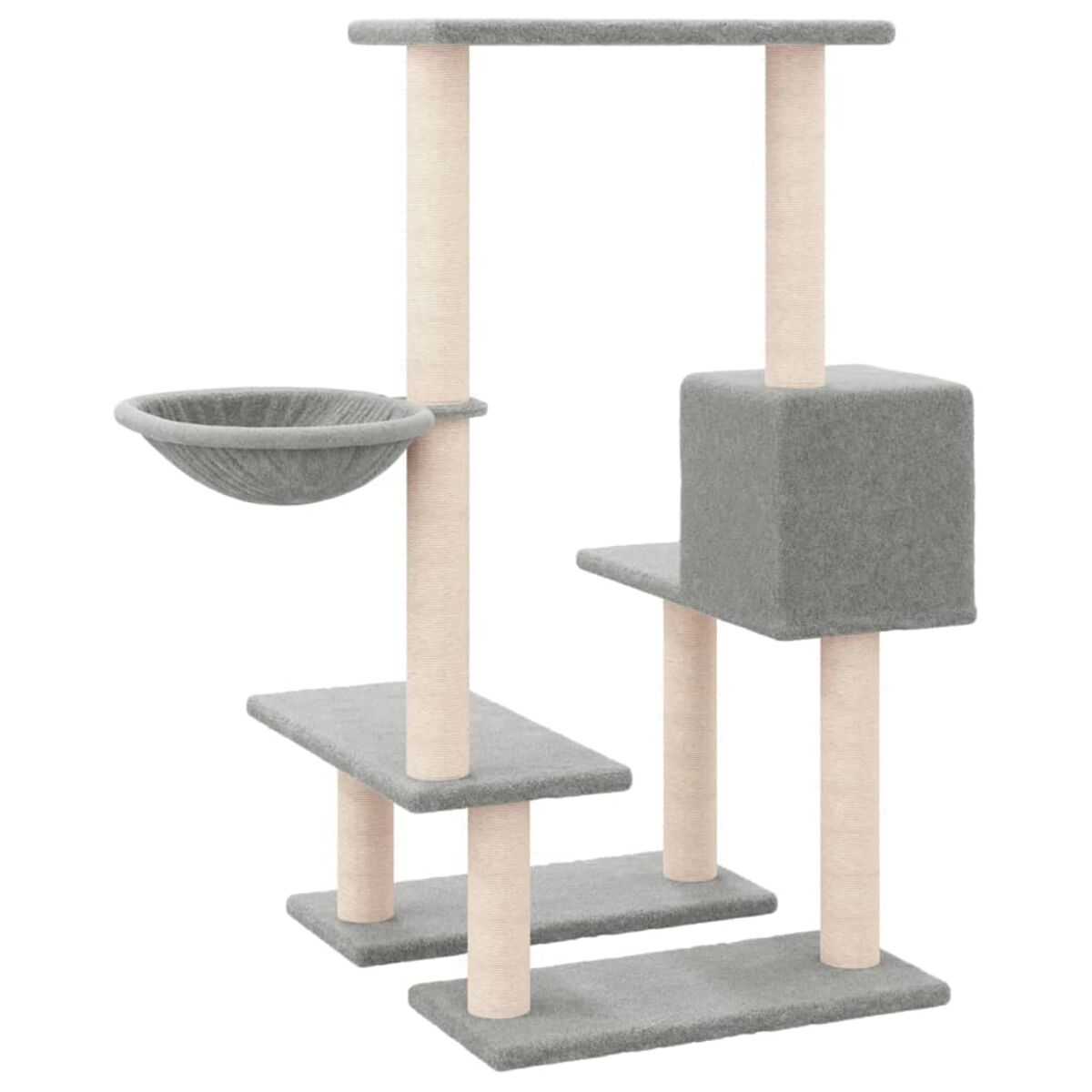 Katzenbaum auf Weiß. Graue Plattformen, eine Schüssel und ein Würfel. Beige Stützpfosten.
