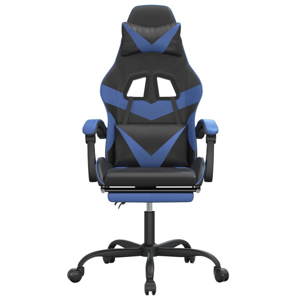 Ein schwarz-blauer Gaming-Stuhl mit Kopfstütze, Armlehnen und Fußstütze auf einem schwarzen Untergestell mit Rollen.