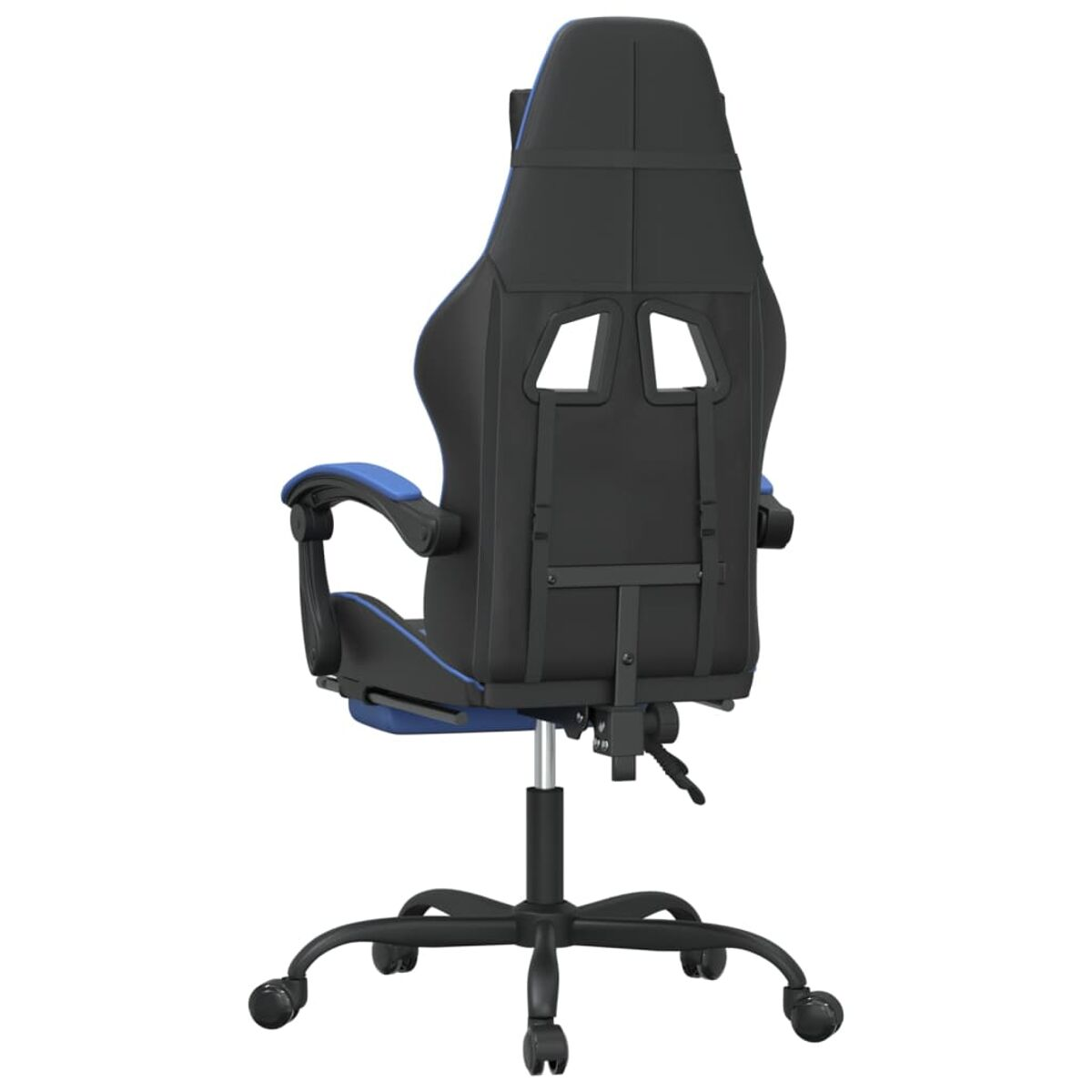 Gaming-Stuhl, schwarz und blau. Rückansicht, mit Rollen, schwarzes Gestell.
