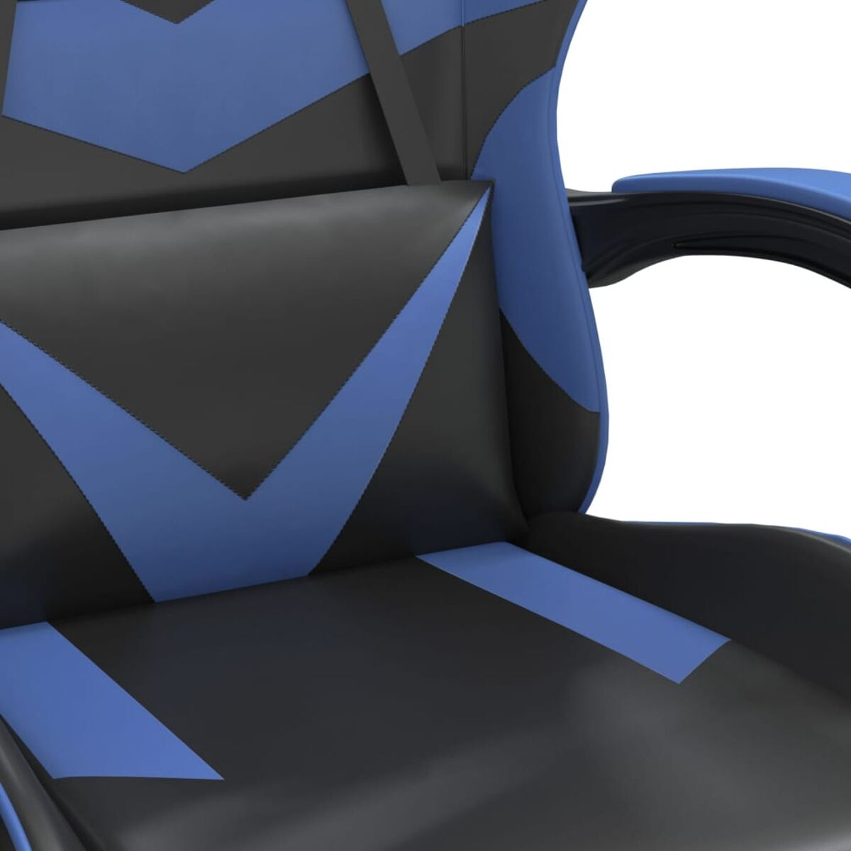 Gaming-Stuhl Nahaufnahme. Schwarzes, blaues und weißes Design. Geometrisches Muster.