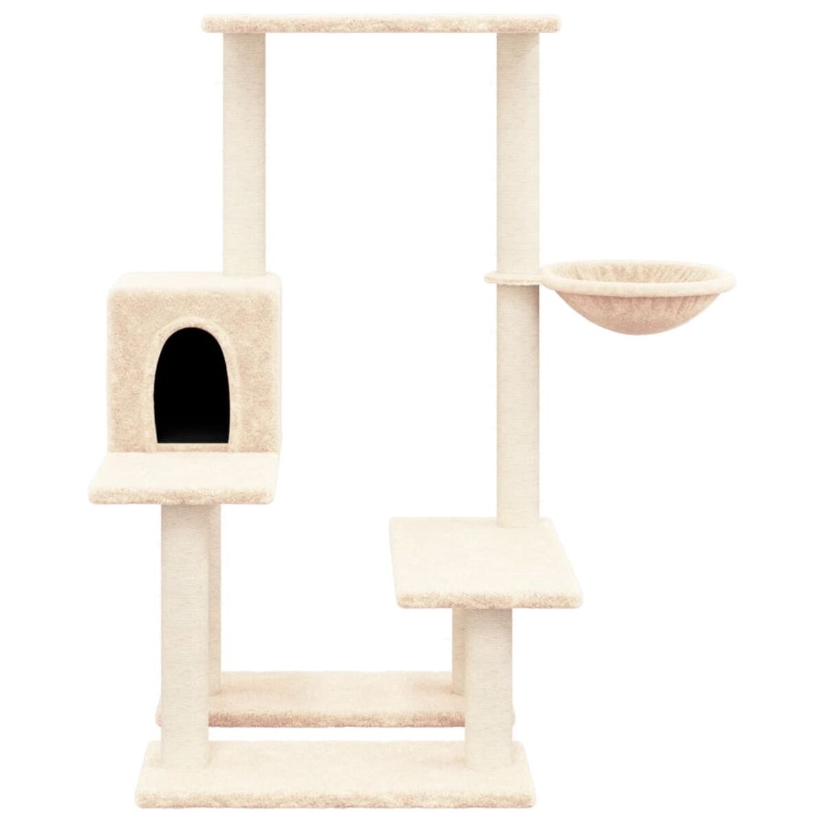 Beiger Katzenbaum mit mehreren Ebenen, einem Versteck und einem Bett.