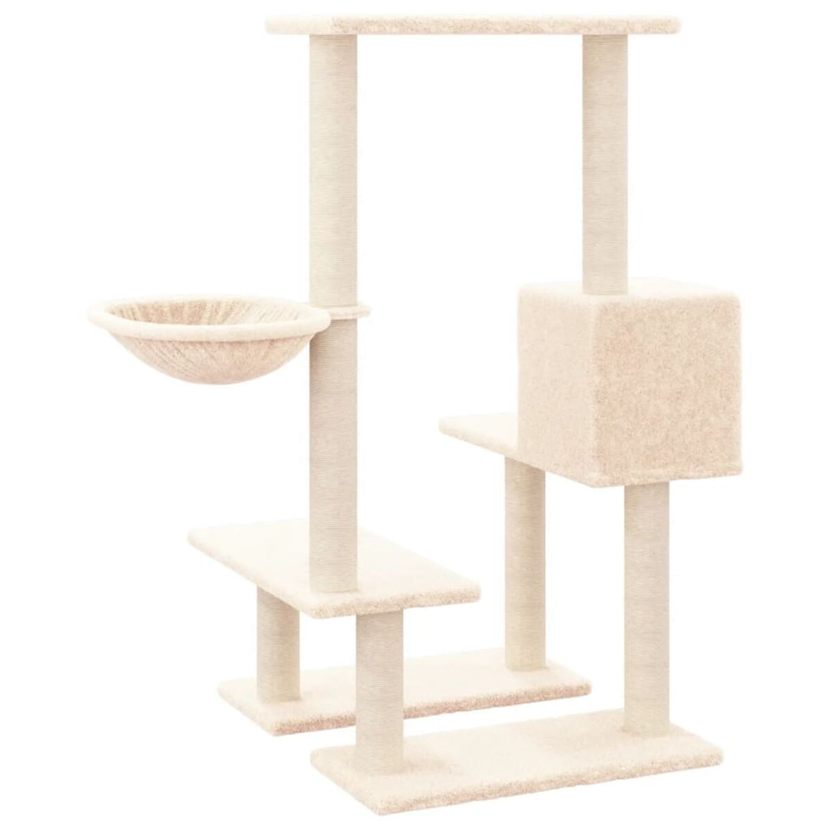 Katzenbaum, beige. Mehrere Plattformen, Kratzbäume und eine Hängeschale.