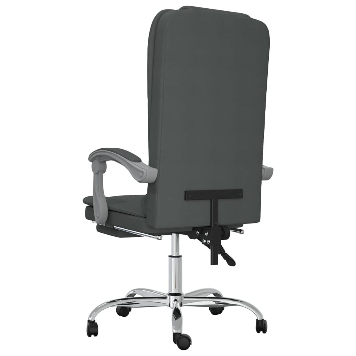 Bürostuhl, Rückansicht, dunkelgraue Farbe. Chrombasis, schwarze Armlehnen und Rollen sind sichtbar.