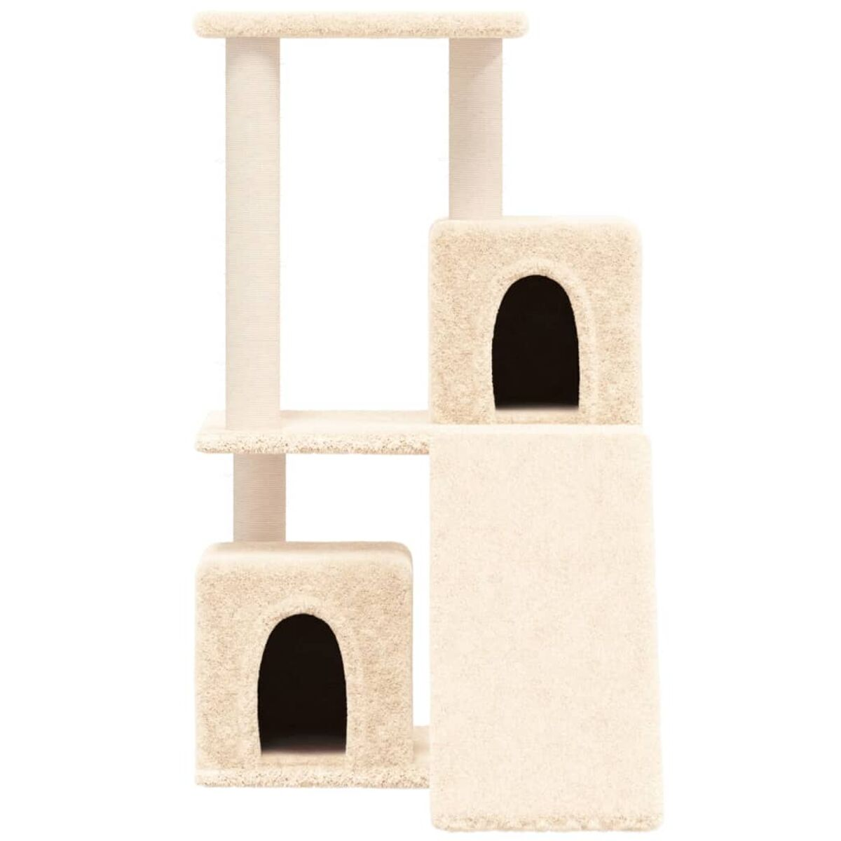Katzenbaum mit mehreren Ebenen, beige, mit Kratzbäumen und Versteckmöglichkeiten.