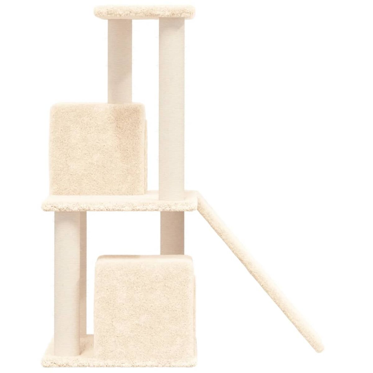 Katzenbaum mit mehreren Ebenen, beige Farbe und einer Rampe. Die Struktur steht vor weißem Hintergrund.