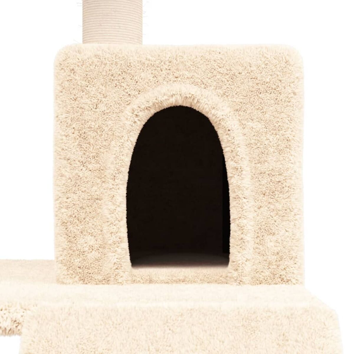 Katzenbaumhaus. Beige, mit Tunneleingang und flauschiger Textur.