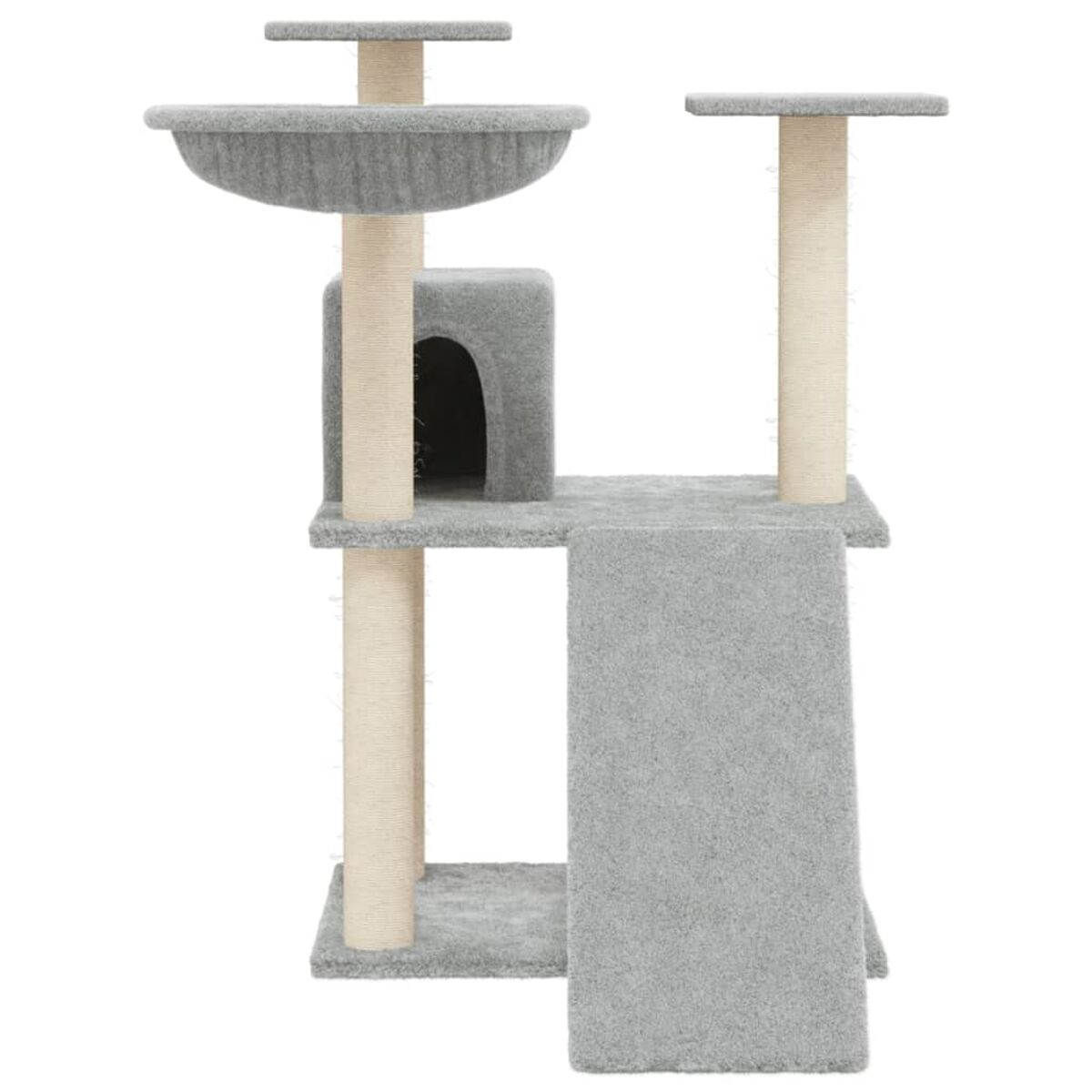 Grauer Katzenbaum mit mehreren Plattformen, Kratzbäumen und einer Schüssel.