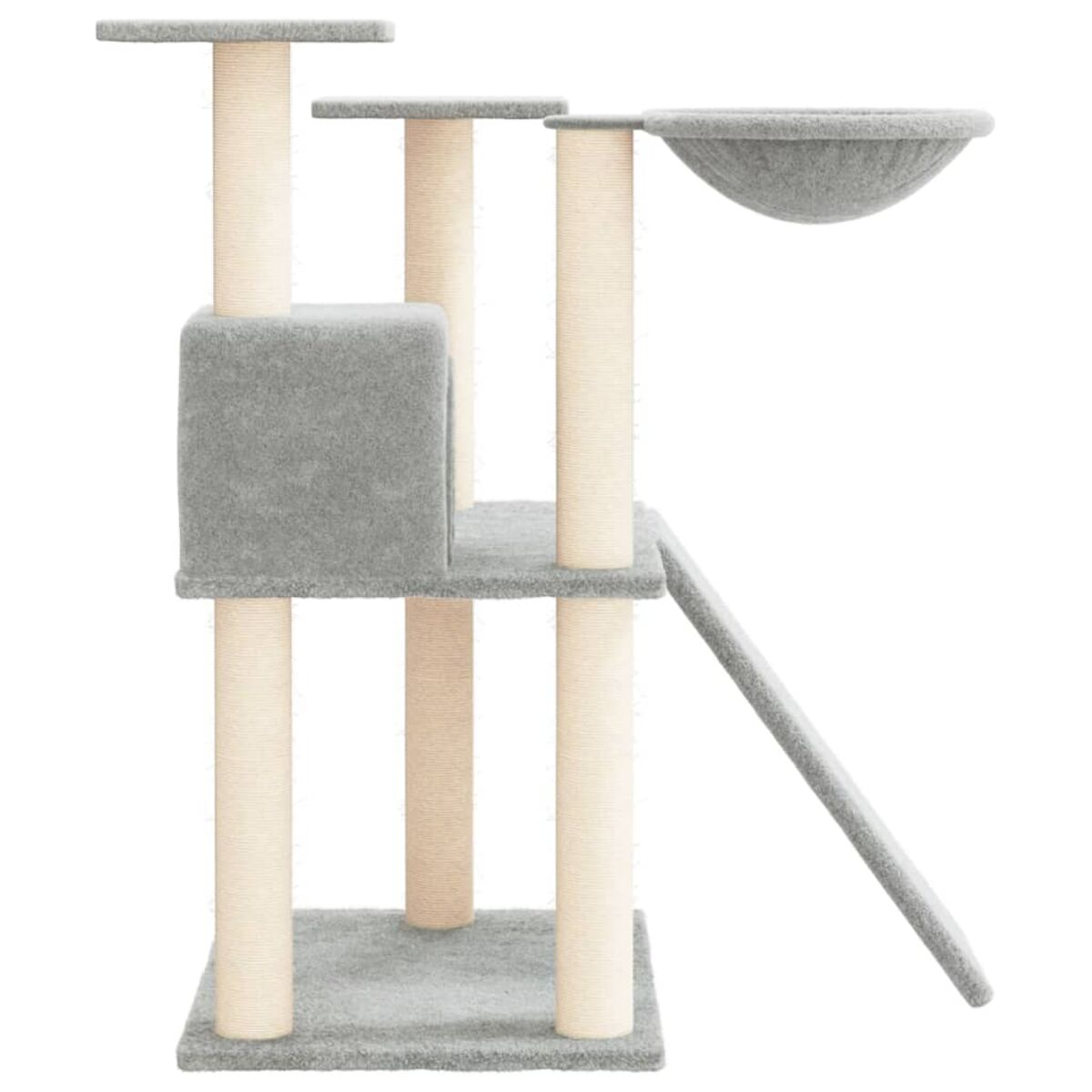 Katzenturm in Grau und Beige mit mehreren Plattformen, Pfosten und einer Schüssel, weißer HG.