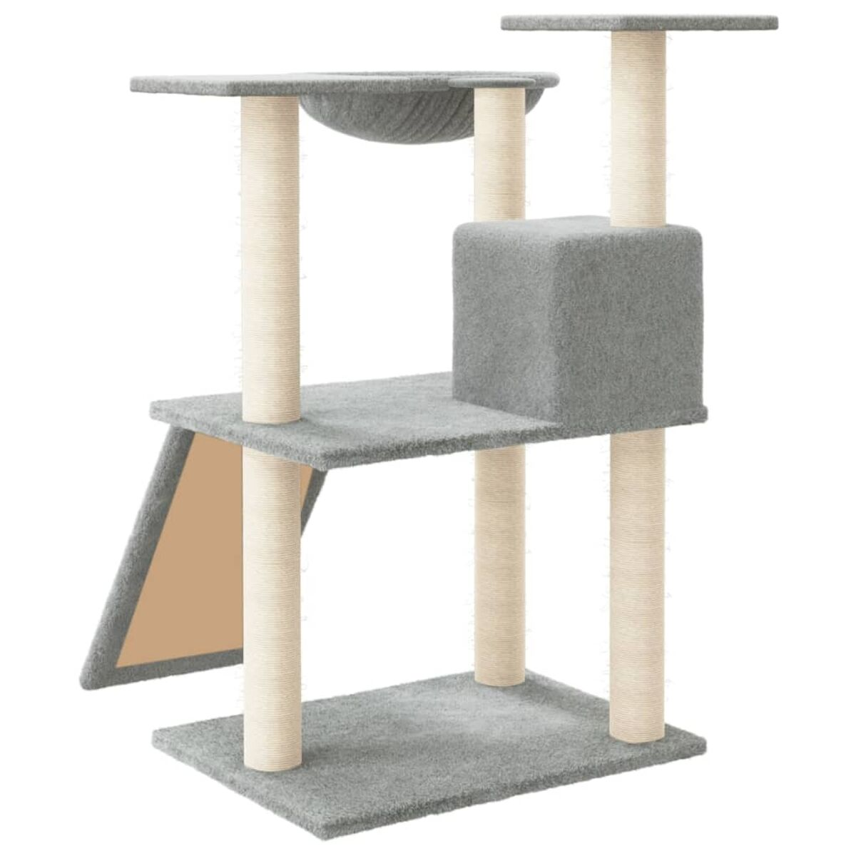 Katzenbaum. Graue Plattformen und Stützen. Enthält eine Rampe und eine Hängeschale.