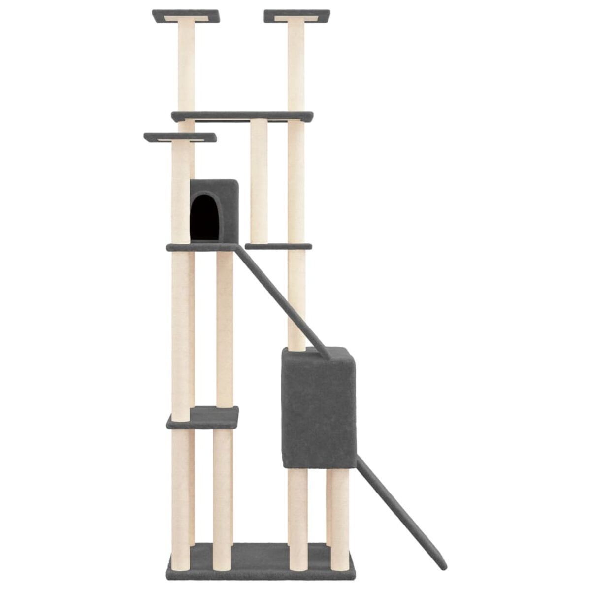 Hoher Katzenbaum, grau und beige. Enthält mehrere Plattformen, ein Haus und eine Rampe.