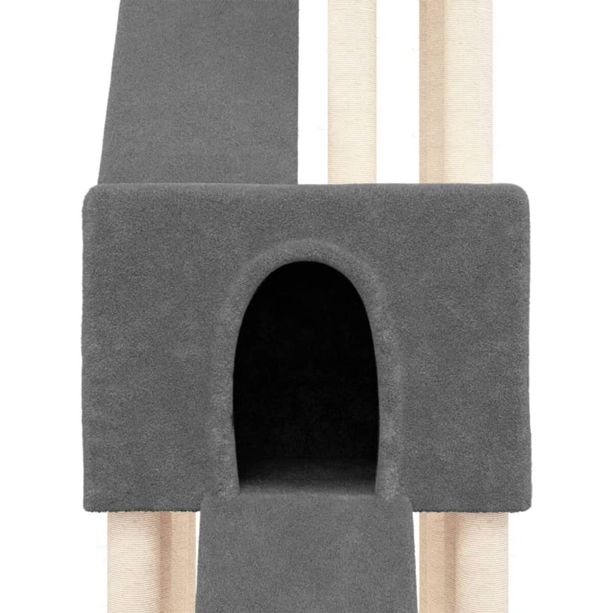 Grauer Katzenbaum mit Höhle und Kratzpfosten. Beige Pfosten sind ebenfalls sichtbar.