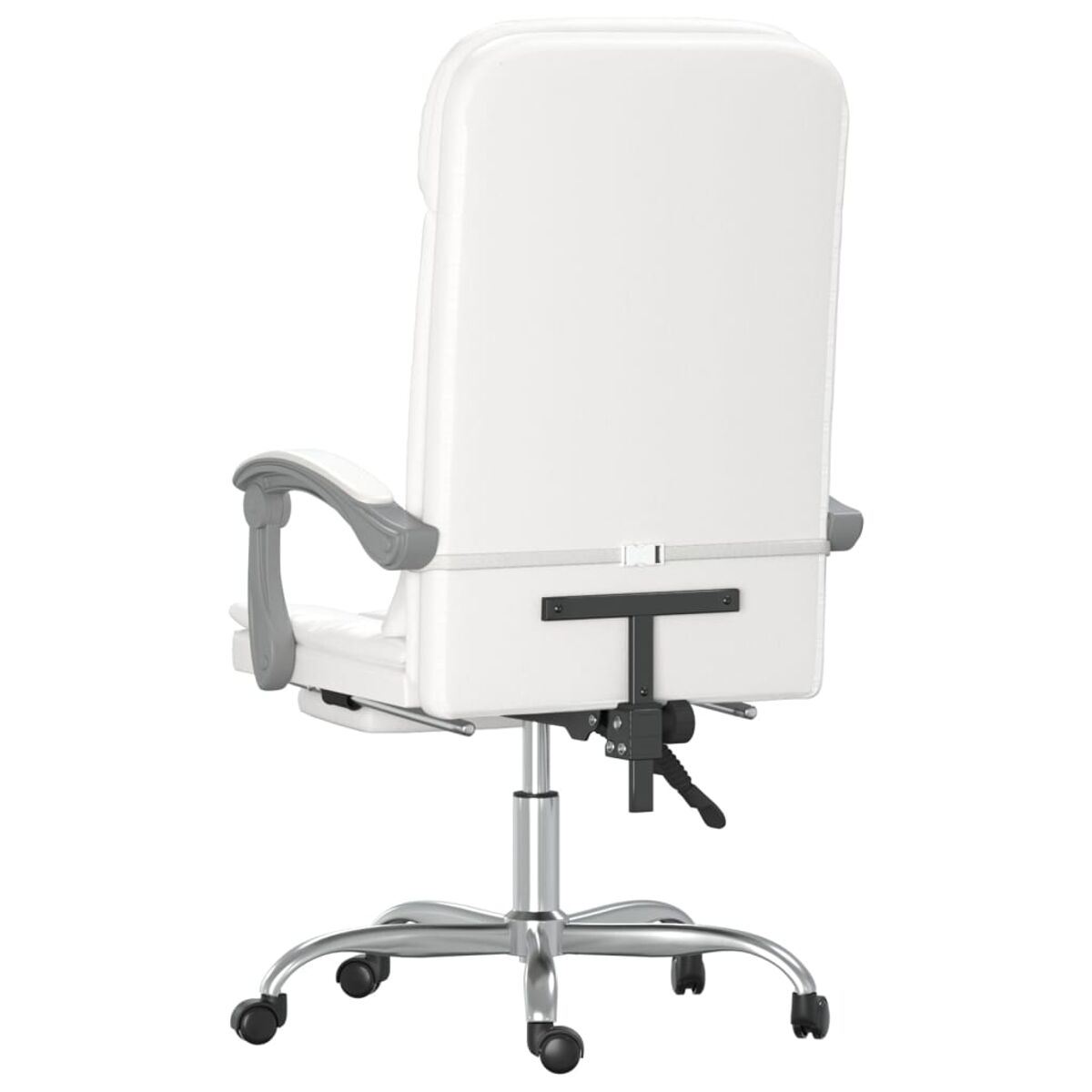 Weißer Bürostuhl von hinten. Der Stuhl hat Armlehnen und Rollen.