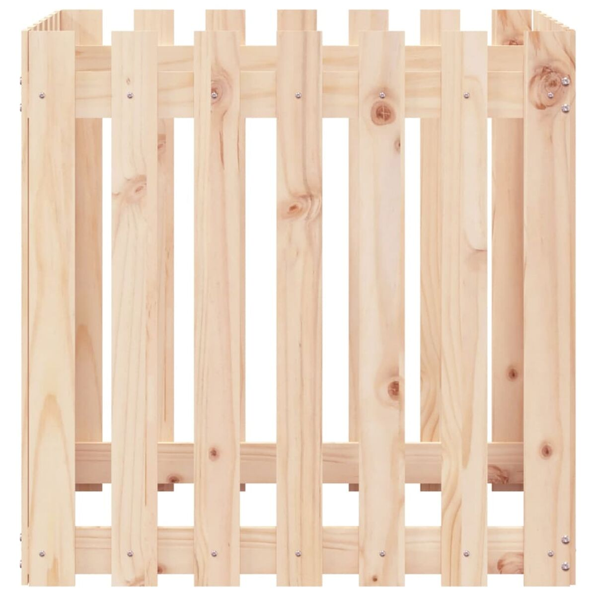 Holzzaun aus vertikalen Lamellen. Es hat eine quadratische Form. Das Holz ist hell und natürlich.