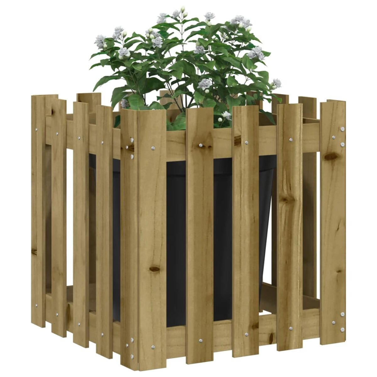 Holz-Pflanzgefäß mit weißen Blumen, umgeben von einem Holzzaun.
