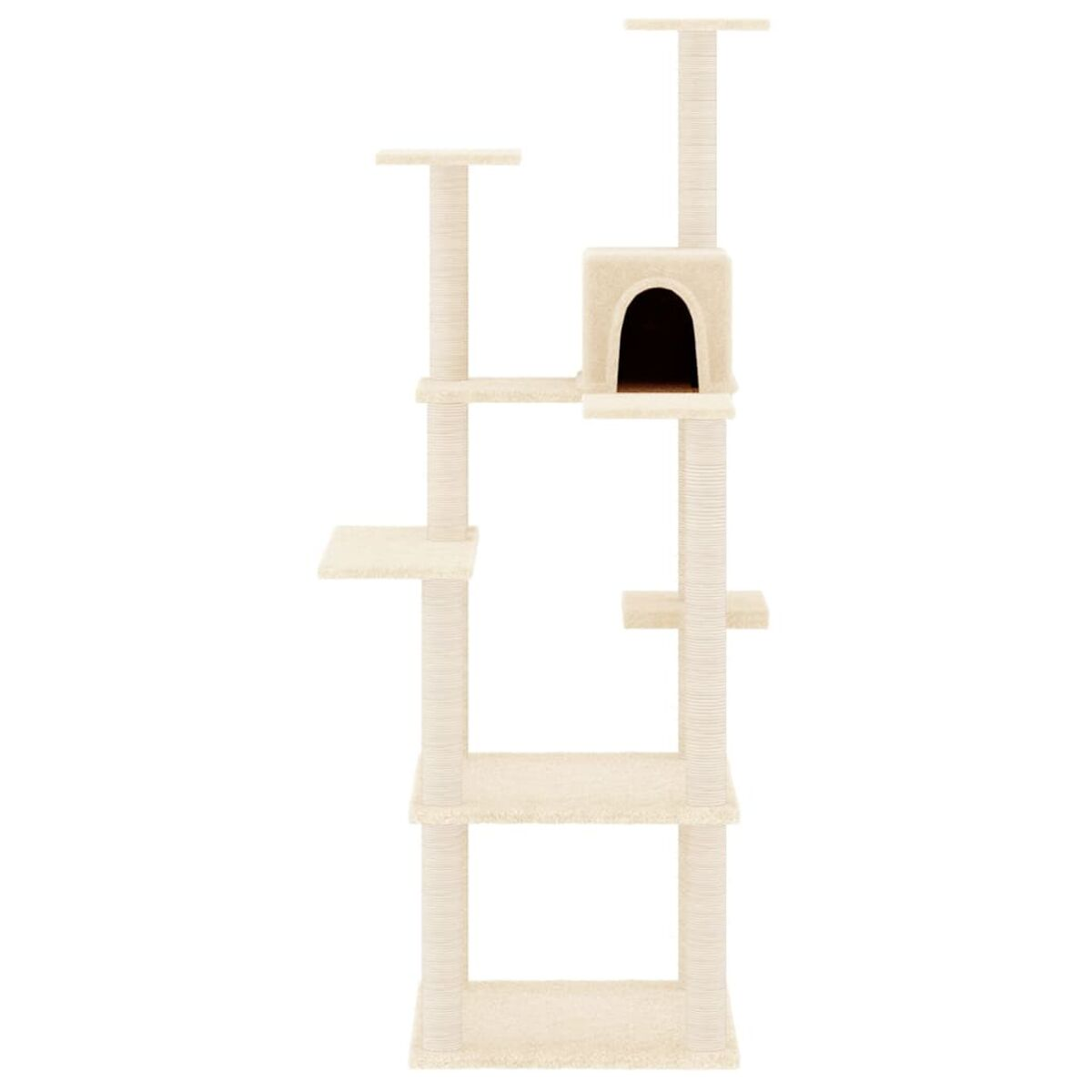 Beiger Katzenbaum mit mehreren Plattformen, einem Haus und Kratzbäumen. Weißer Hintergrund.