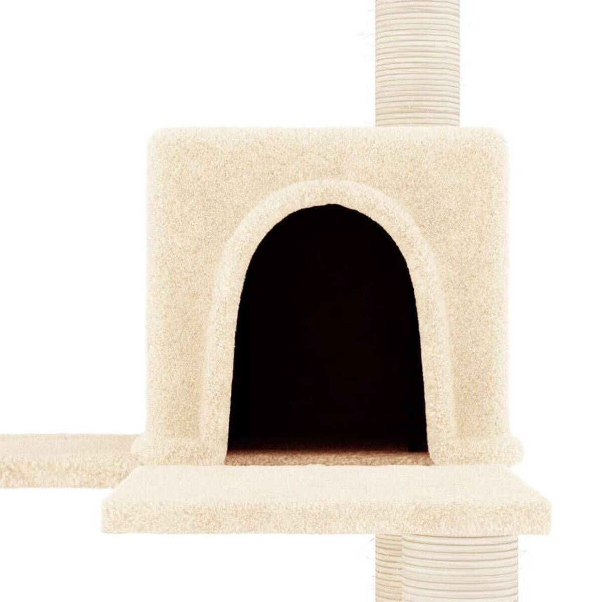 Katzenbaumhaus mit quadratischer Basis und einem gewölbten Eingang.