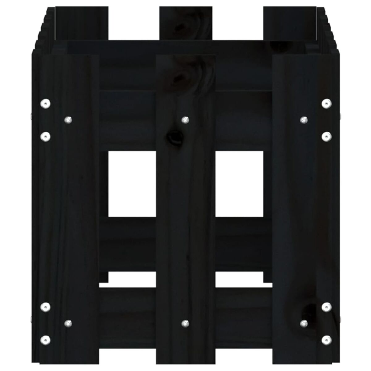 Holzpalette. Schwarz lackiert. Zeigt die Oberseite.