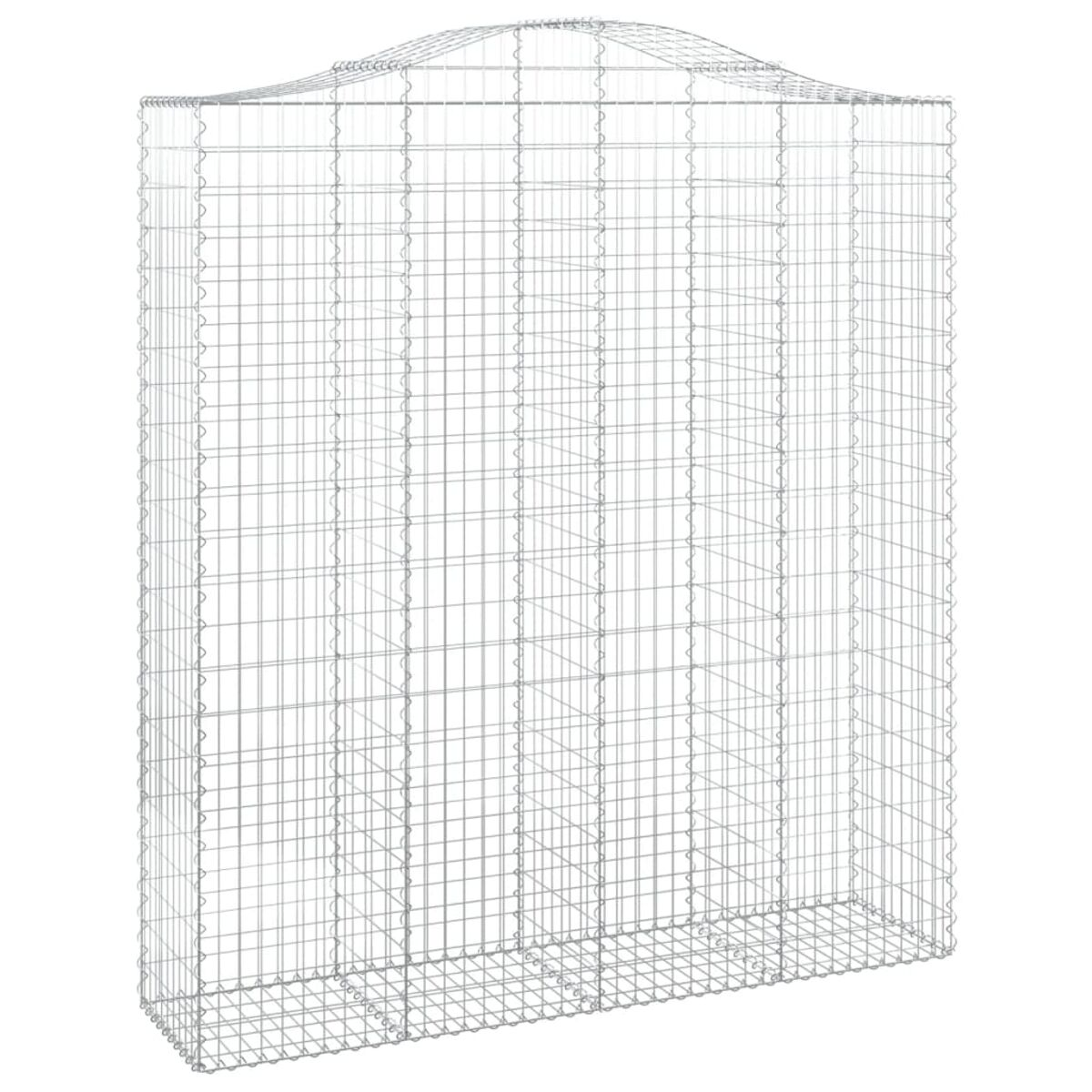 Rechteckiger Metallgabion. Hergestellt aus silbernfarbenem Drahtgeflecht, mit leicht gewölbter Oberseite.