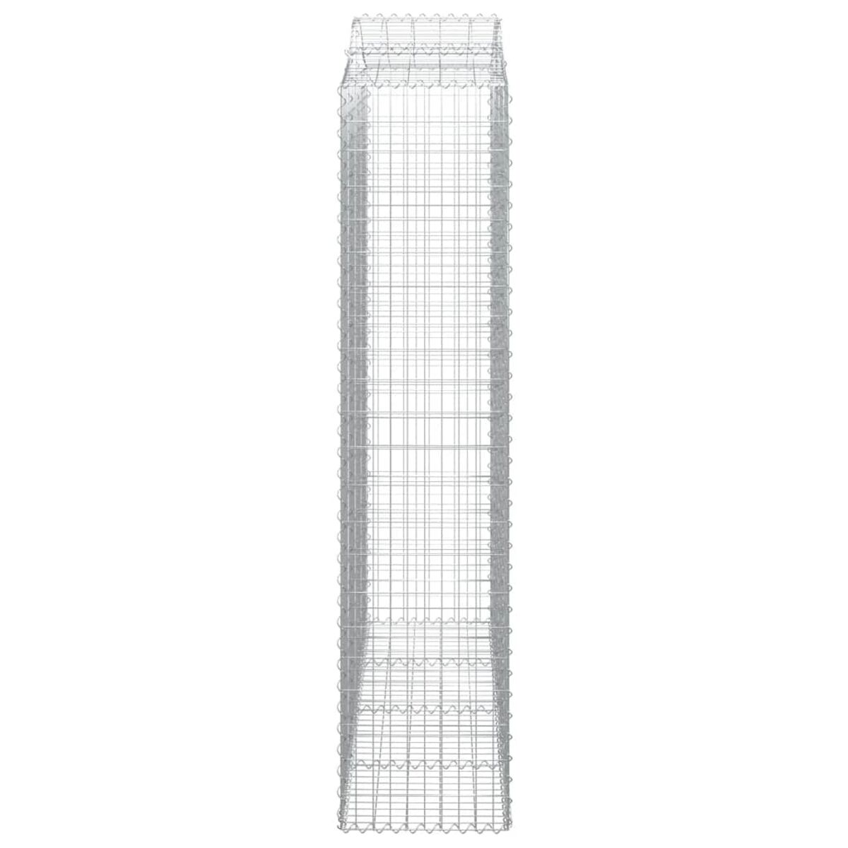 Hoher rechteckiger Gabion, aus Drahtgeflecht. Weißer Hintergrund.