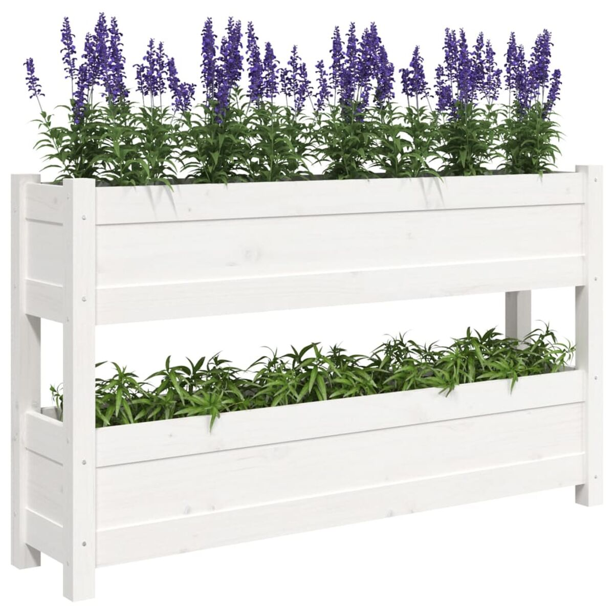 Zweistöckiger weißer Holzpflanzer mit lila Blumen und grünen Pflanzen.