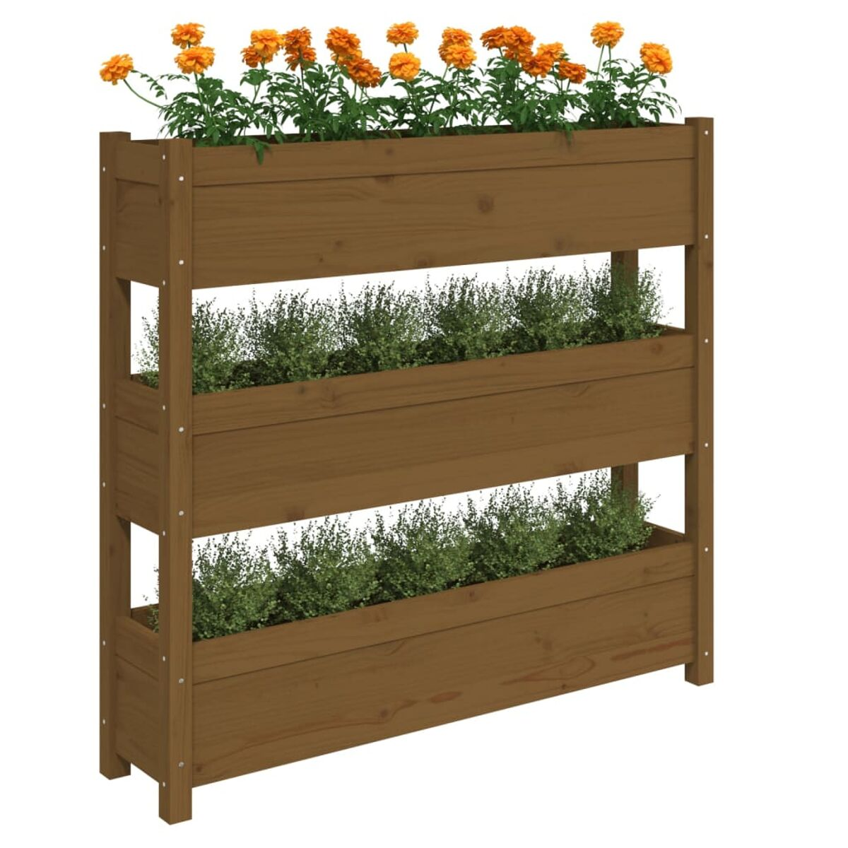 Holz-Etagenpflanzer mit orangefarbenen Blumen oben und grünen Pflanzen darunter.