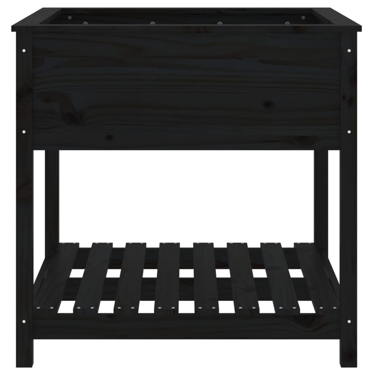 Schwarzer Holzpflanzer mit Ablage. Rechteckiges, offenes Design.