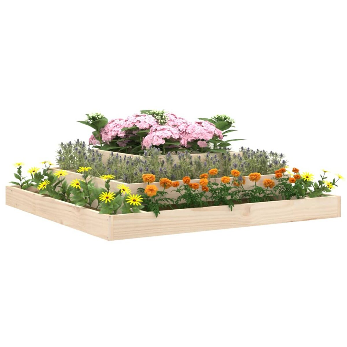 Erhöhte hölzerne Gartenbeete mit verschiedenen Blumen, darunter rosa, gelbe und orangefarbene Blüten.