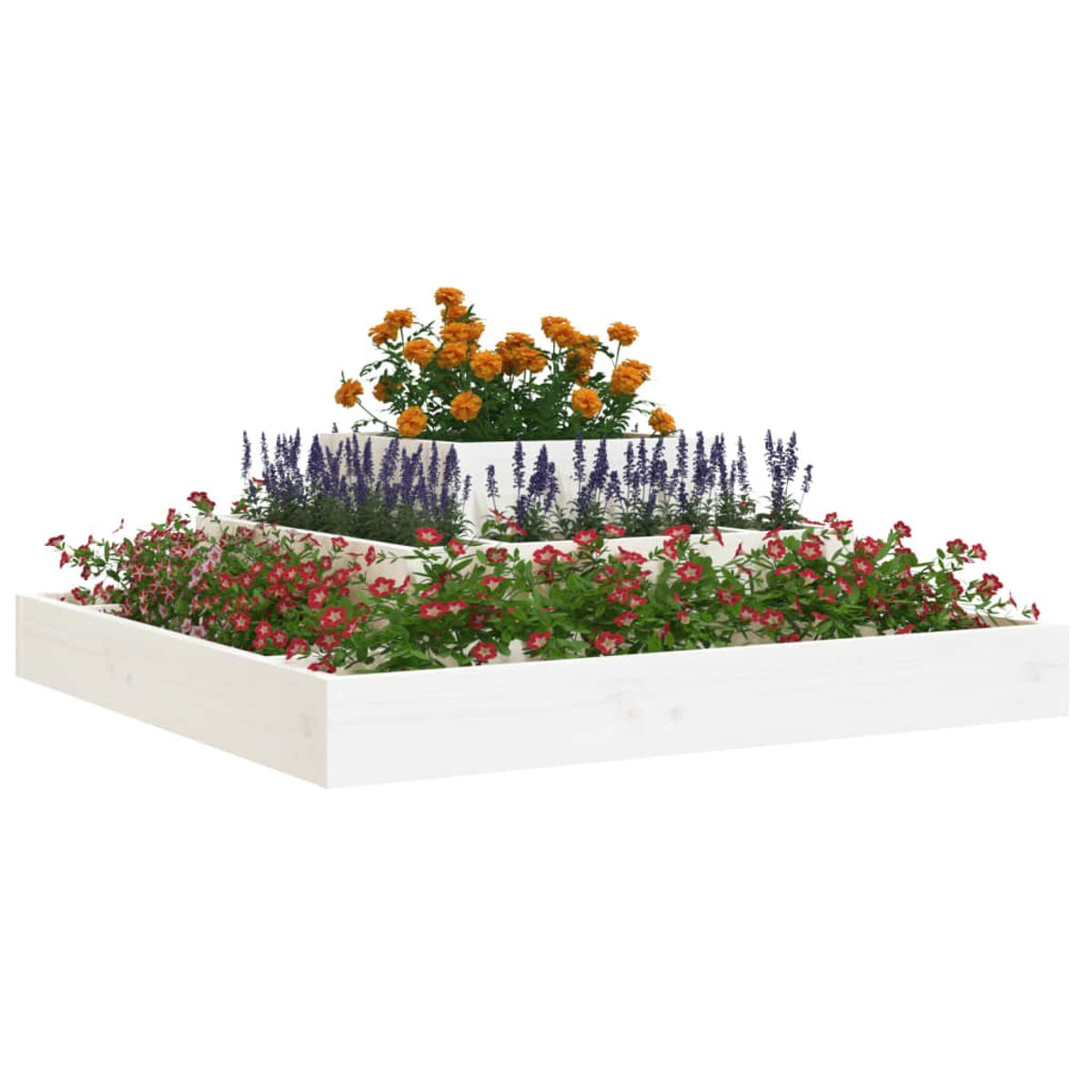 Weißer, gestufter Holzpflanzer mit unterschiedlich farbigen Blumen, rot, orange, lila.