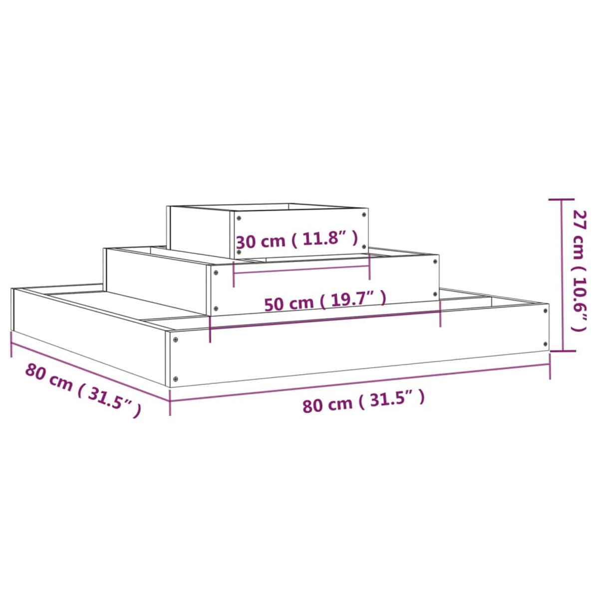Gestufte Holzkiste mit Maßen. Die größte Kiste ist 80 cm quadratisch, mit zwei kleineren Kisten obenauf.