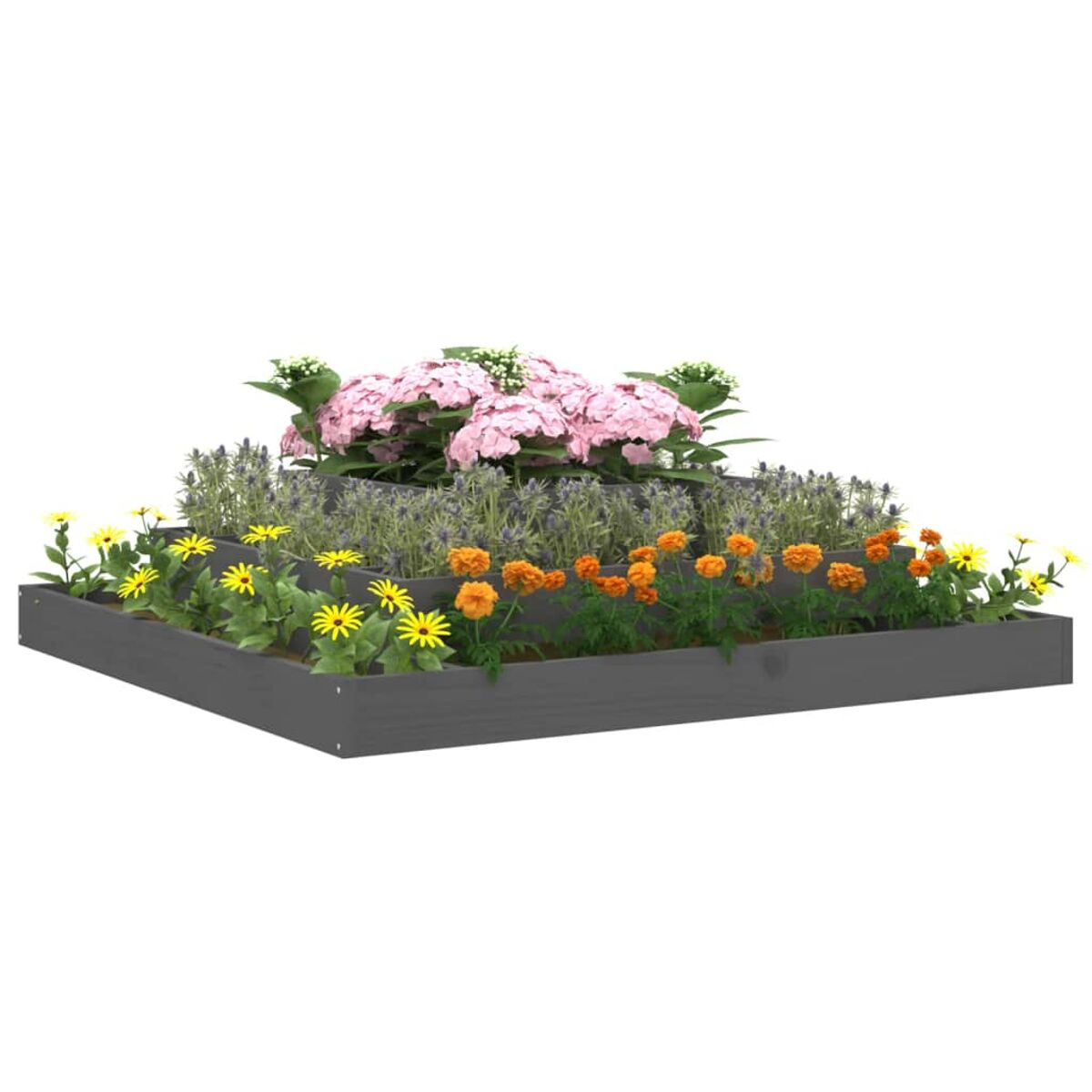 Gestufter Pflanzkasten mit verschiedenen Blumen in Rosa, Gelb und Orange.
