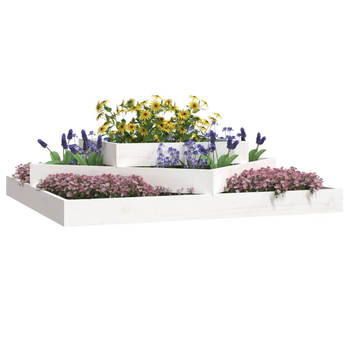 Dreistufiger weißer Pflanzkübel mit Blumen. Gelbe und lila Blumen oben. Rosa Blumen auf den anderen.