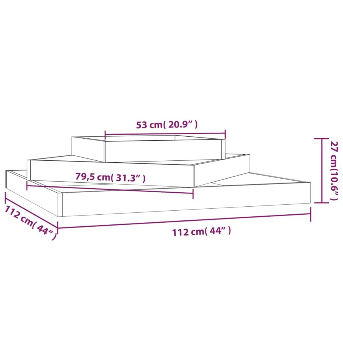 Diagramm eines mehrstufigen Holz-Ausstellungsständers mit Abmessungen.