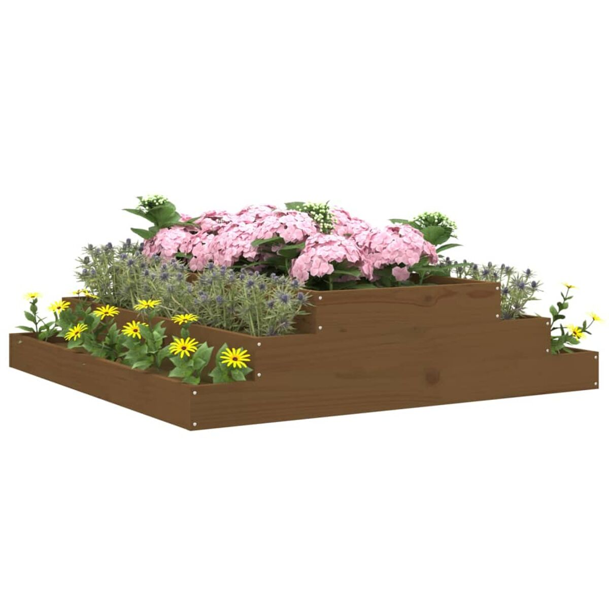 Ein mehrstufiger Holzpflanzer gefüllt mit verschiedenen Blumen und Grünzeug.
