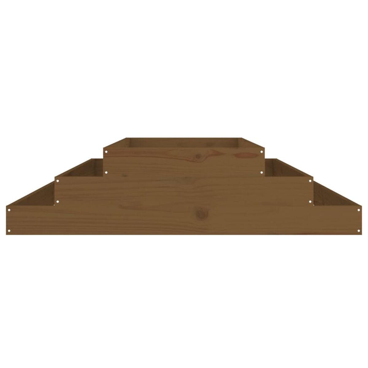 Holzstufen, braune Farbe. Es gibt drei Ebenen, die für den Außenbereich oder den Garten konzipiert sind.