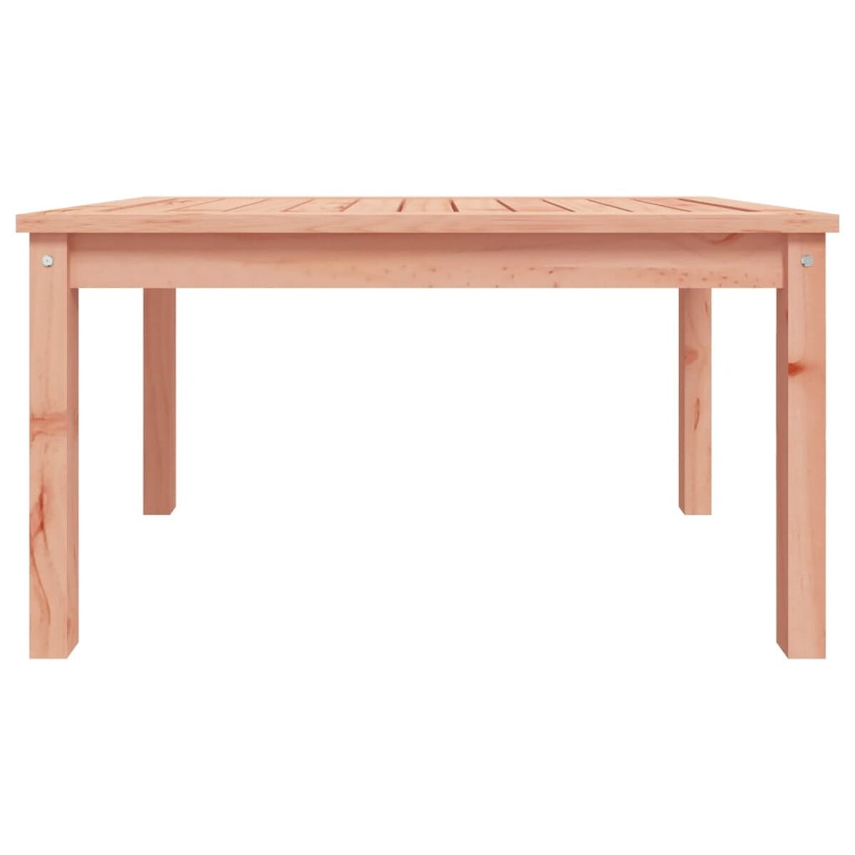 Ein Holztisch mit hellbrauner Farbe, vier Beinen und einer Lattenoberfläche.
