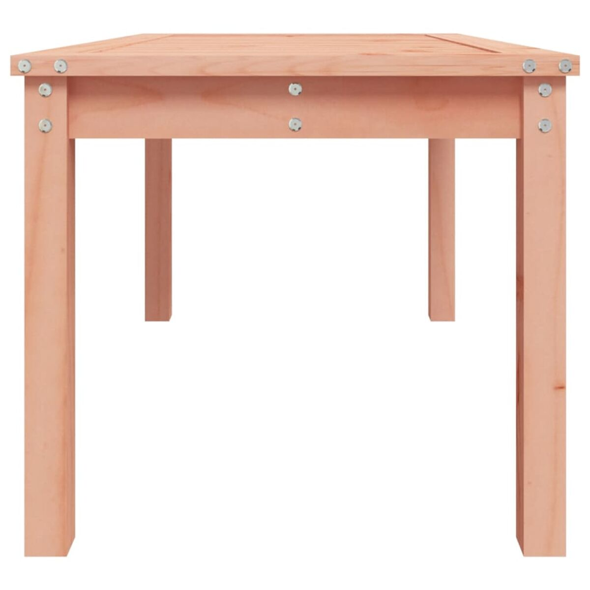 Ein Holztisch aus niedriger Perspektive. Der Tisch besteht aus hellbraunem Holz.