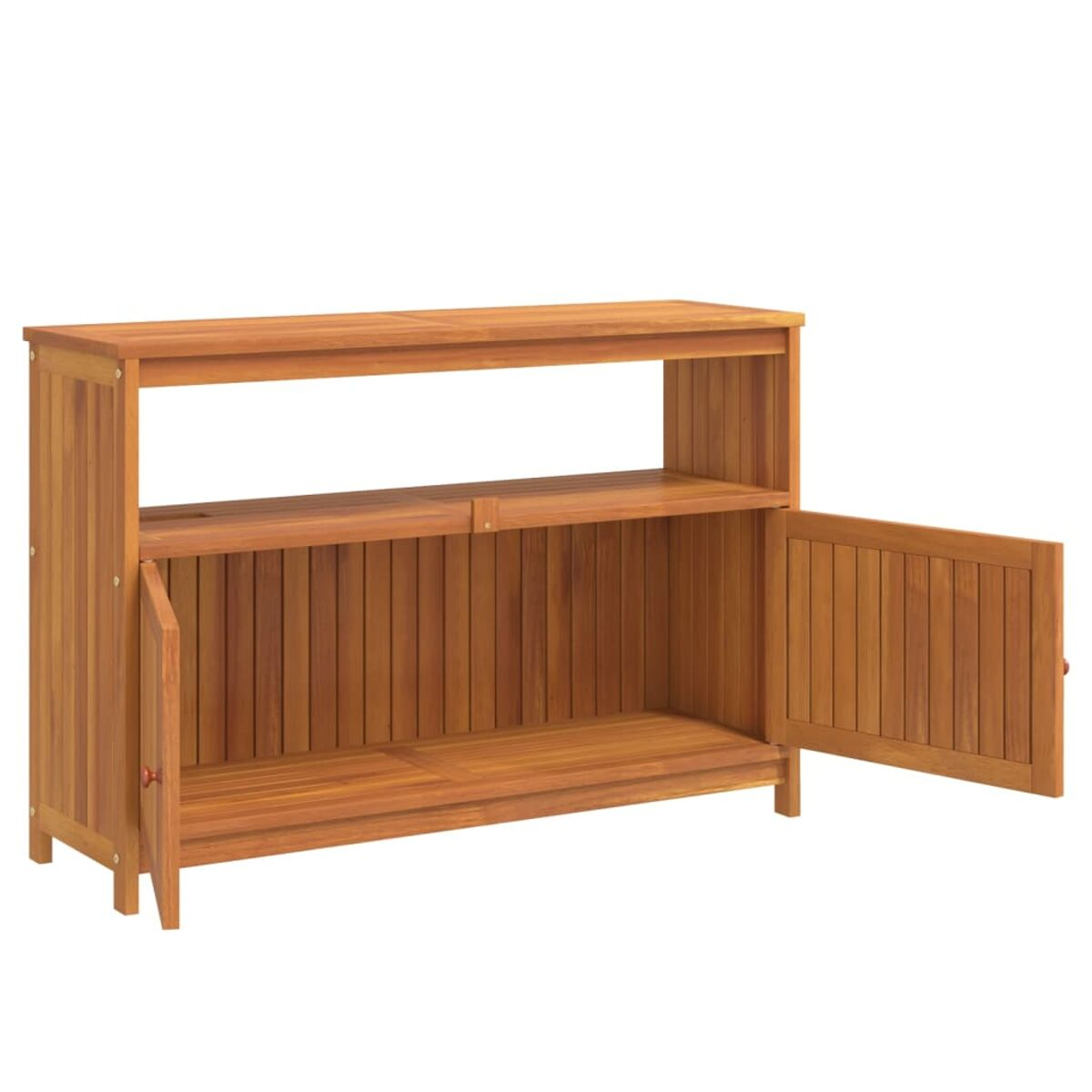 Holzschrank mit offenen Türen, zeigt Regale, auf weißem Hintergrund.