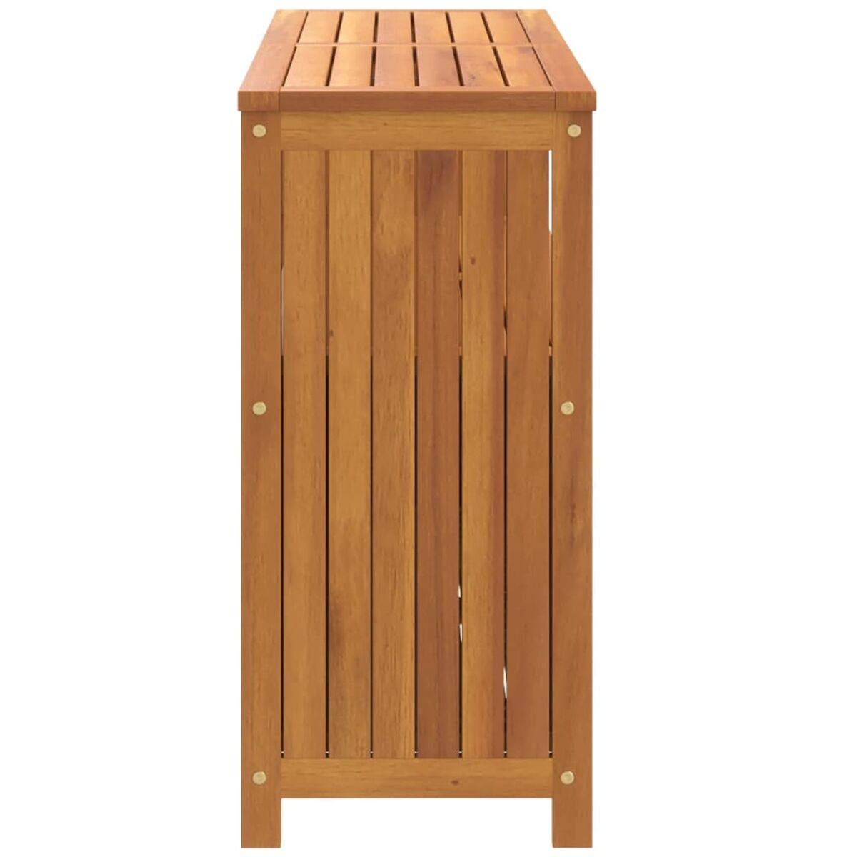 Ein Holzschrank mit vertikalen Lamellen und einer Lamellenoberseite.