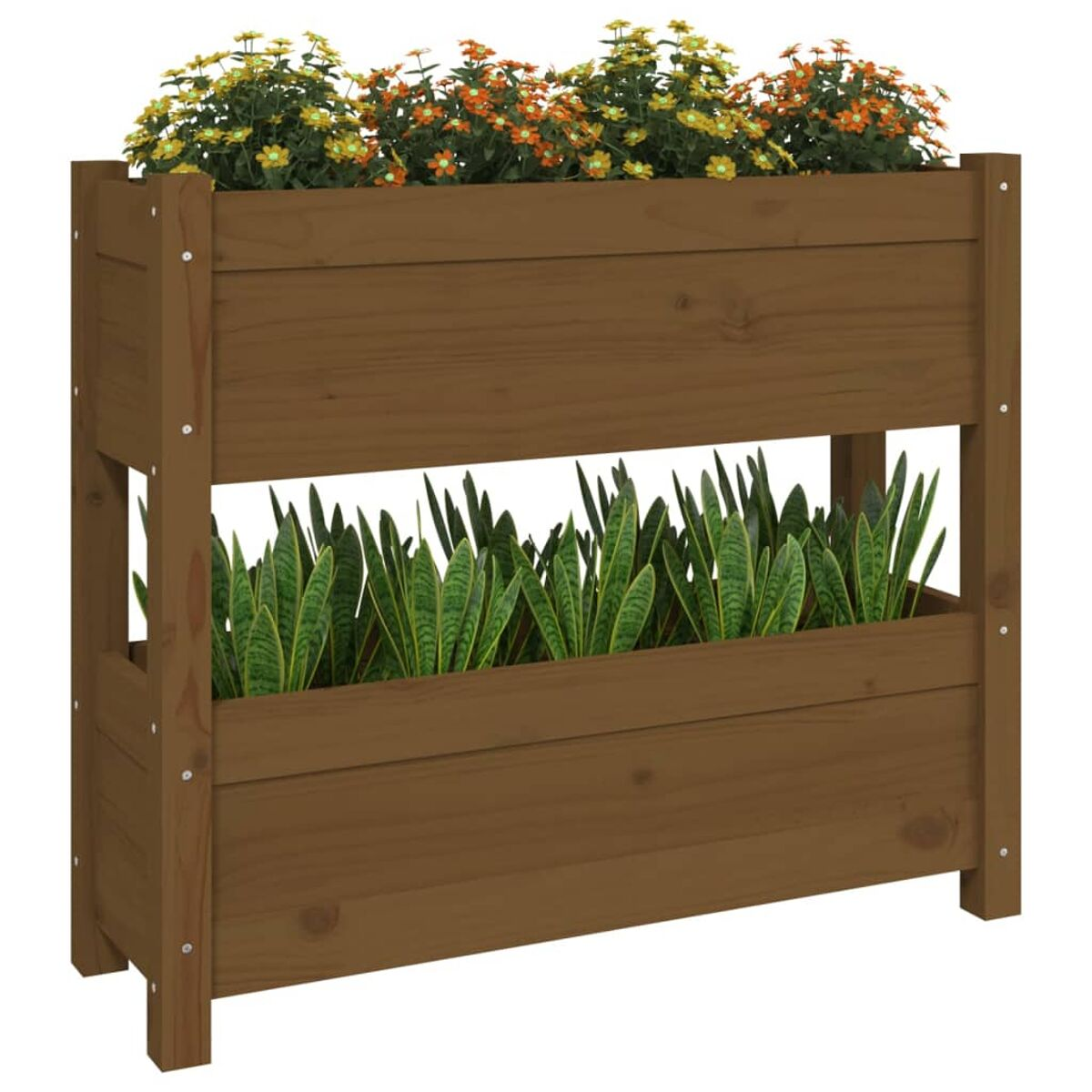 Holz-Pflanzkasten mit zwei Ebenen, gefüllt mit grünen Pflanzen und Blumen.